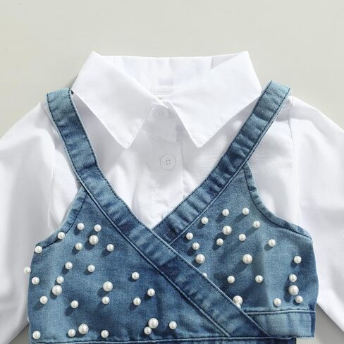 2PCS Baby Girl Strap Pearl Denim Crop Tops Beading Back Bandage Vest + Lapel Button Shirt Dress Set in Saudi Arabia