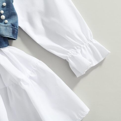 2PCS Baby Girl Strap Pearl Denim Crop Tops Beading Back Bandage Vest + Lapel Button Shirt Dress Set in Saudi Arabia
