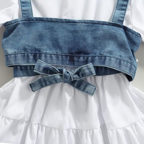 2PCS Baby Girl Strap Pearl Denim Crop Tops Beading Back Bandage Vest + Lapel Button Shirt Dress Set in Saudi Arabia