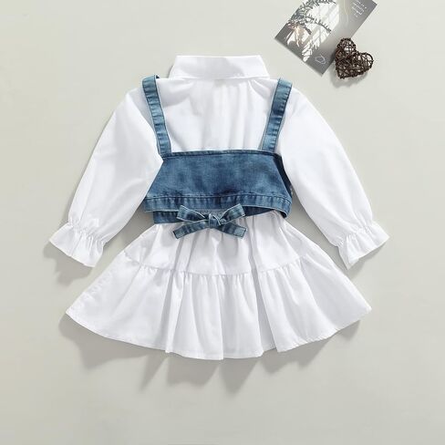 2PCS Baby Girl Strap Pearl Denim Crop Tops Beading Back Bandage Vest + Lapel Button Shirt Dress Set in Saudi Arabia