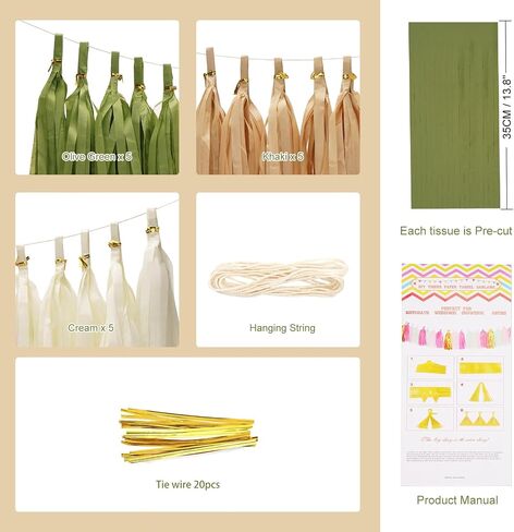 20Pcs Green Party Tassels Garlands, Green DIY Tissue Tassel Garland, Tissue Paper Tassel Garlands for Jungle Party, Greenery Woodland Baby Shower, Green Wedding, Home Decoration in Saudi Arabia