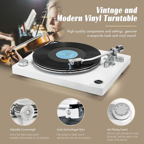 Record Player Turntable Built-in Phono Preamp, Vinyl Record Player with Adjustable Counterweight Magnetic Cartridge, Anti-Skate Control, Acrylic Platter, 33 or 45 RPM White in Saudi Arabia