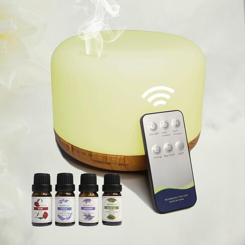 Essential Oil Diffuser with Essential Oils Set, 500ml Aromatherapy Diffuser with Remote Control - 7 LED Colors, Timer, Auto Shut-Off and 4 Essential Oils -Rose, Ocean, Lavender, White Tea in Saudi Arabia