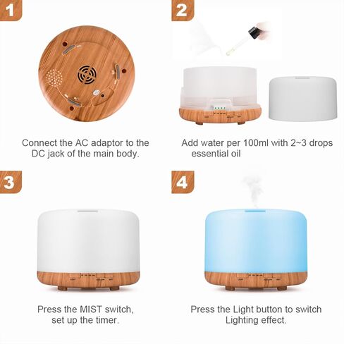 Essential Oil Diffuser with Essential Oils Set, 500ml Aromatherapy Diffuser with Remote Control - 7 LED Colors, Timer, Auto Shut-Off and 4 Essential Oils -Rose, Ocean, Lavender, White Tea in Saudi Arabia
