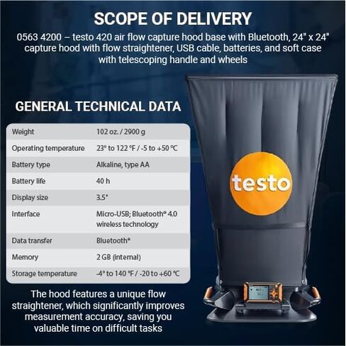 Testo 420 Flow Hood – Air Flow Meter for Airflow, air velocity, volume flow, temperature, and relative humidity – HVAC Air Flow Meter CFM with Tiltable Display, Bluetooth, and App Compatibility in Saudi Arabia