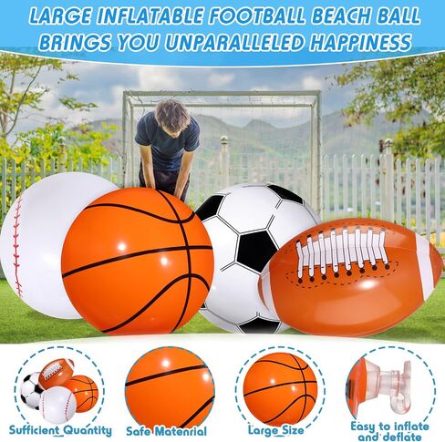 Sosation 4 Pcs Giant Inflatable Beach Ball 30inch Large Baseball Soccer Basketball Football 2.5ft Inflatable Sport Ball for Summer Pool Beach Outdoor Sports Themed Party(Various Style) in Saudi Arabia