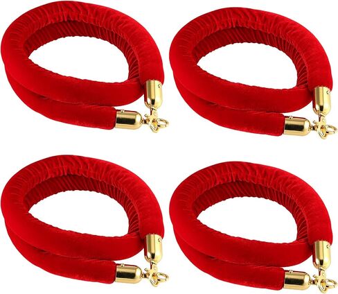 4 Pack 5 Feet Red Velvet Stanchion Rope, 1-1/4 Inch Luxurious Crowd Control Rope Barrier with Polished Gold Hooks, Velvet Rope Queue Barrier Rope for Movie Theaters, Hotels, Grand Openings in Saudi Arabia