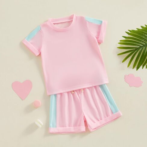 Toddler Baby Girl Clothes Patchwork Color Summer Outfit Short Sleeve Crew Neck T Shirt Tops and Jogger Shorts Set in Saudi Arabia