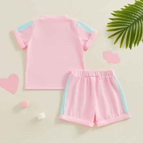 Toddler Baby Girl Clothes Patchwork Color Summer Outfit Short Sleeve Crew Neck T Shirt Tops and Jogger Shorts Set in Saudi Arabia