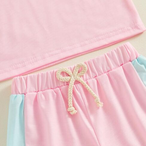 Toddler Baby Girl Clothes Patchwork Color Summer Outfit Short Sleeve Crew Neck T Shirt Tops and Jogger Shorts Set in Saudi Arabia
