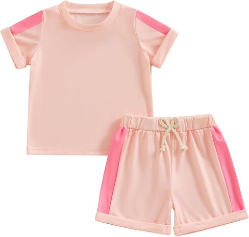 Toddler Baby Girl Clothes Patchwork Color Summer Outfit Short Sleeve Crew Neck T Shirt Tops and Jogger Shorts Set in Saudi Arabia