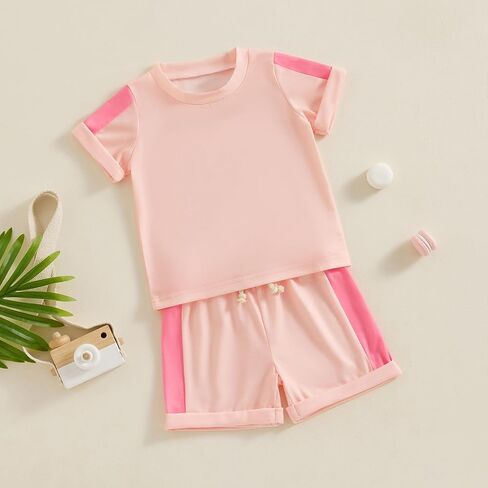 Toddler Baby Girl Clothes Patchwork Color Summer Outfit Short Sleeve Crew Neck T Shirt Tops and Jogger Shorts Set in Saudi Arabia