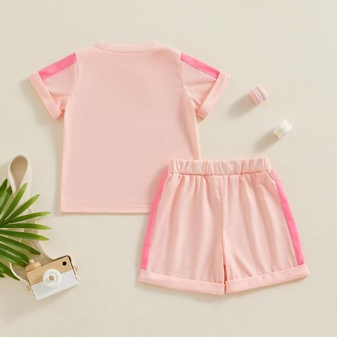 Toddler Baby Girl Clothes Patchwork Color Summer Outfit Short Sleeve Crew Neck T Shirt Tops and Jogger Shorts Set in Saudi Arabia
