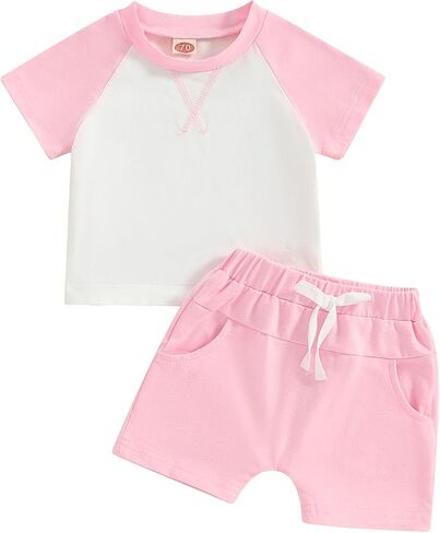 Toddler Baby Girl Clothes Patchwork Color Summer Outfit Short Sleeve Crew Neck T Shirt Tops and Jogger Shorts Set in Saudi Arabia