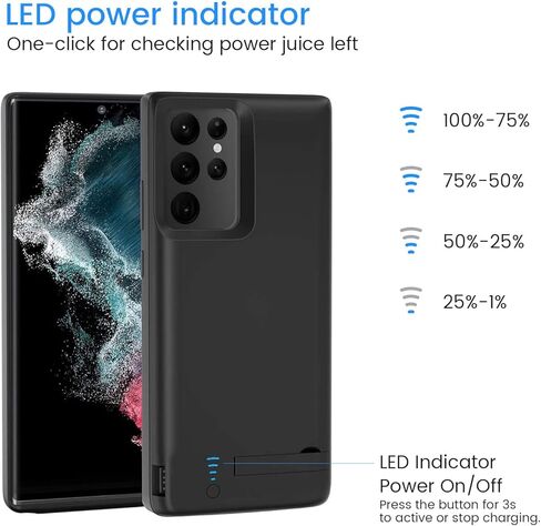 Fey Galaxy S22 Ultra Battery Case, 5000mAh Rechargeable Battery Charging Case for Samsung Galaxy S22 Ultra 5G External Backup Battery Power Bank Charger Case,Extended Your Battery Life Black in Kuwait
