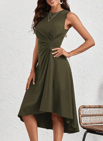 Happy Sailed Women's Summer Sleeveless Ruched Waist Flowy A Line High Low Midi Cocktail Party Dress in Saudi Arabia