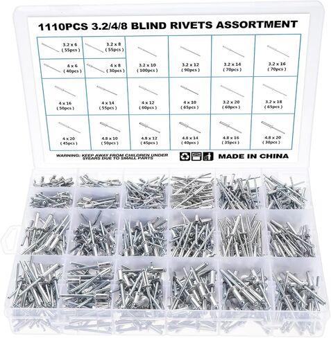 1110Pcs Pop Rivets Assortment, 1/8'' 5/32'' 3/16''Blind Rivets Aluminum Pop Rivets Large Flange 1/4''-3/4'', 20 Sizes Dome Head Pop Rivets for Metal Wood Plastic in Saudi Arabia