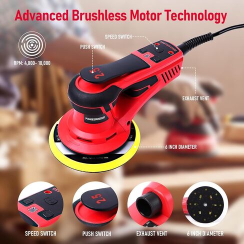 Electric Random Orbital Sander with 12 Sanding Paper, 350W Brushless Motor, Powerful & Low Vibration, 10000 RPM, 6-Inch For Wood Working, Polishing, Carpentry in Saudi Arabia