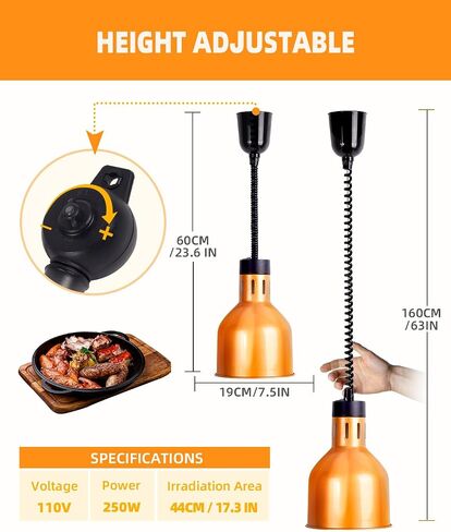 Hanging Food Heat Lamp: Commercial Food Warmer Hanging Heating Lamps with Infrared Bulb Warming Lamp for Food Service Restaurant Buffet, Height Adjustable (Dia.17cm/6.7in), Painted Copper in Saudi Arabia