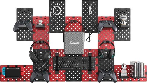 PEGZONE Controller and Headphone Holder Wall Mount, Modular Gaming Pegboard with Accessories, Controller Stand for Xbox PS5 PS4 Switch, Video Game Storage, Disc Shelf Organizer, 7pcs Pegboard, Black in Kuwait