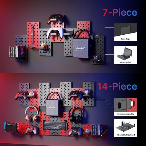 PEGZONE Controller and Headphone Holder Wall Mount, Modular Gaming Pegboard with Accessories, Controller Stand for Xbox PS5 PS4 Switch, Video Game Storage, Disc Shelf Organizer, 7pcs Pegboard, Black in Kuwait