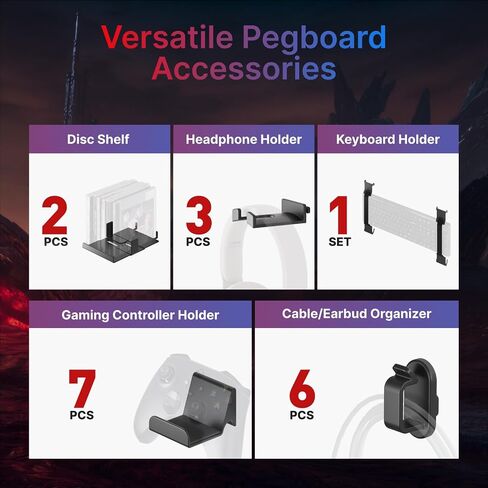 PEGZONE Controller and Headphone Holder Wall Mount, Modular Gaming Pegboard with Accessories, Controller Stand for Xbox PS5 PS4 Switch, Video Game Storage, Disc Shelf Organizer, 7pcs Pegboard, Black in Kuwait
