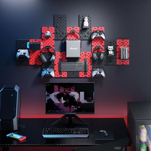 PEGZONE Controller and Headphone Holder Wall Mount, Modular Gaming Pegboard with Accessories, Controller Stand for Xbox PS5 PS4 Switch, Video Game Storage, Disc Shelf Organizer, 7pcs Pegboard, Black in Kuwait