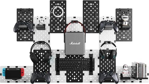 PEGZONE Controller and Headphone Holder Wall Mount, Modular Gaming Pegboard with Accessories, Controller Stand for Xbox PS5 PS4 Switch, Video Game Storage, Disc Shelf Organizer, 7pcs Pegboard, Black in Kuwait