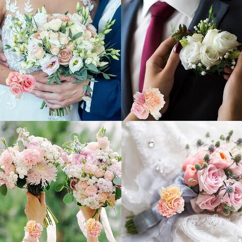 Whaline 6Pcs Pearl Wrist Bands 15 Pairs Floral Boutonniere Magnets with 2 Rolls Green Tapes Wedding Corsages Pearl Bracelet Corsage Brooches Magnets for DIY Wedding Bride Wrist Corsages Accessories in Saudi Arabia