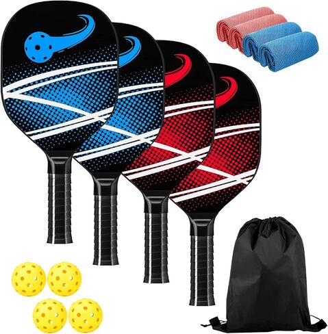 Pickleball Paddles, Pickleball Set of 4 Premium Wood Pickleball Paddles, 4-40 Holes Pickleball Balls, 4 Cooling Towels & Carry Bag, Pickleball Rackets with Ergonomic Cushion Grip in Saudi Arabia