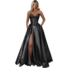 GUKARLEED Women’s Pleated Satin Prom Dresses with Pockets Slit Formal Dress Off The Shoulder Sequin Wedding Guest Ball Gowns in Kuwait