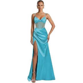 Spaghetti Straps Satin Illusion Prom Dresses for Teens 2026 Corset Mermaid Pleated Formal Evening Gown with Slit in Kuwait