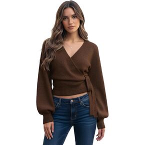 Women V Neck Wrap Sweater Cinched Waist Top Tie Cardigan Knit Cropped Sweaters Cute Going Out Sexy Casual Outfits in Kuwait