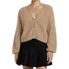 Wyeysyt Fuzzy Cardigan Sweaters for Women Bowknot Brooch V Neck Long Sleeve Soft Chunky Cropped Cardigan Outwear in Kuwait