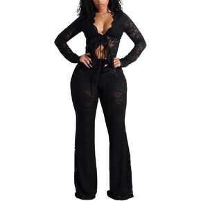 Mandonce 2 Piece Sets for Women Lace Strap Cutout Cardigan and Lace High Waisted Flared Pants Matching Set Sexy Club Outfit in Kuwait