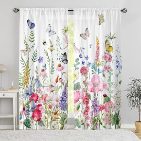 Floral Living Room Curtains 84 Inches Long Purple Pink Flowers Botanical Light Filtering Curtains for Bedroom Green Leaves Plants Drapes Spring Summer Farmhouse Country Window Treatment, 2 Panels in Kuwait