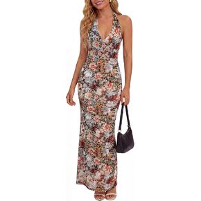 فساتين Prinbara النسائية ذات الرقبة الرسن Bodycon ماكسي الصيف الأزهار شبكة رسمية أنيقة الزفاف ضيوف حفل كوكتيل فستان طويل in Kuwait