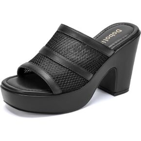 صنادل نسائية ذات نعل سميك وكعب مكتنز سهل الارتداء مربع مفتوح من الأمام ومتماسك شبكي مريح ومناسب للحفلات الصيفية in Kuwait