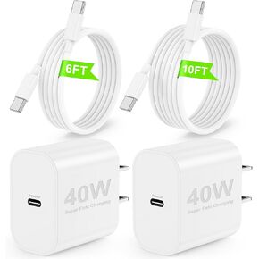 40 واط منفذ مزدوج iPhone 16 15 Pro Max شاحن شحن سريع، 2 حزمة منفذ مزدوج USB C شحن كتلة مع 4 حزمة 10FT USB C إلى C سلك شاحن سريع طويل متوافق مع iPhone 16/15 Plus/15 Pro Max/iPad Pro in Kuwait