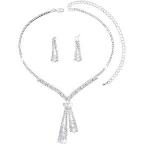 Sparkling Long Rhinestone Tassel Pendant Necklace Earring, Silver Green Crystal Necklaces Earrings For Women Trendy Bling Party Wedding Jewelry Gift Set in Kuwait