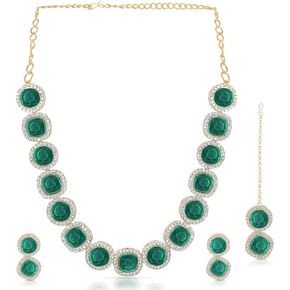 Beautiful Traditional 2-Layer Quartz Necklace Set | Ruby & Rhinestone Teardrop Earrings | Maang Tikka & Ring | Stylish Fashion Jewellery for Women & Girls in Kuwait