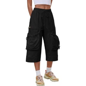 Aoysky Womens Wide Leg Cargo Capris Drawstring Elastic Waist Baggy Cropped Pants with Utility Pockets Casual Trousers in Kuwait
