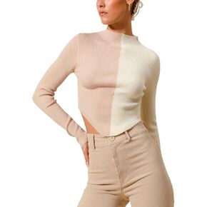 Womens Casual Pullover Color Block Ribbed Mock Neck Sweater Slim Fit Two Tone Long Sleeve Fashion Top in Kuwait