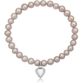 Blue Ocean Pearls .925 Sterling Silver & 6mm-6.5mm AAA Round White or Pink Freshwater Cultured Pearl Bride & Bridesmaid Stretch Strand Charm Bracelet with Heart Charm in Kuwait