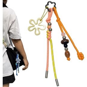 سلسلة مفاتيح ملونة مضفرة يدويًا مع خرز - إكسسوار لطيف لحقائب الظهر وحقائب اليد وحقائب اليد الكبيرة - للنساء والفتيات باللون البرتقالي in Kuwait