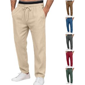 Linen Pants Men Casual Lightweight Beach Pants Drawstring Relaxed Loose Fit Vacation Summer Trousers with Pockets in Kuwait