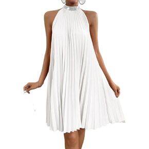 Women's Contrast Sequin Pleated Halter Neck Mini Dress Sleeveless A-Line Short Dresses for Women in Saudi Arabia