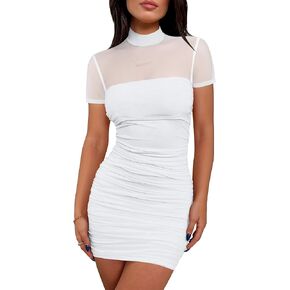 DAAWENXI Women's Mesh Sheer Ruched Mini Dress 2026 Sexy Short Sleeve Mock Neck Bodycon Party Club Dresses in Kuwait