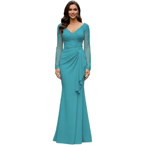 V Neck Mother of The Bride Dresses Long Sleeve Laces Applique Evening Gowns Long Grandmother of The Groom Dress in Saudi Arabia