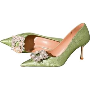 Women's pointed-toe, low-heeled, pearl-detailed, rhinestone wedding dress-style business high heels. For marriage. For bridesmaid. Single shoes. in Kuwait